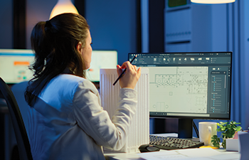 A photo of an engineer working on design calculations for a design-build food facility project. 